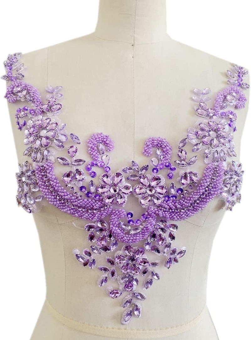 wtbvn Handmade Rhinestones lace Applique handsewing Beads Trim Patches Neckline for Dress Clothes Accessory (Light Purple) - Image 1